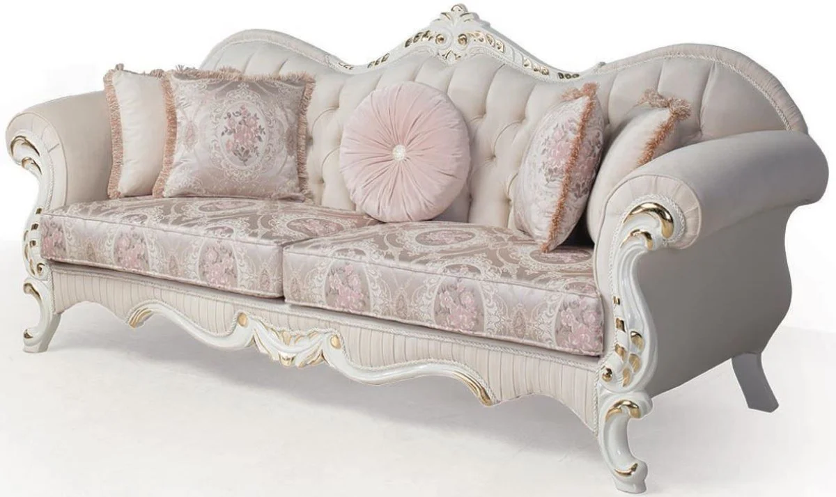 Luxus Barock Sofa Rosa / Weiß / Gold 237 x 90 x H. 99 cm - Wohnzimmer Couch mit dekorativen Kissen - Barockmöbel