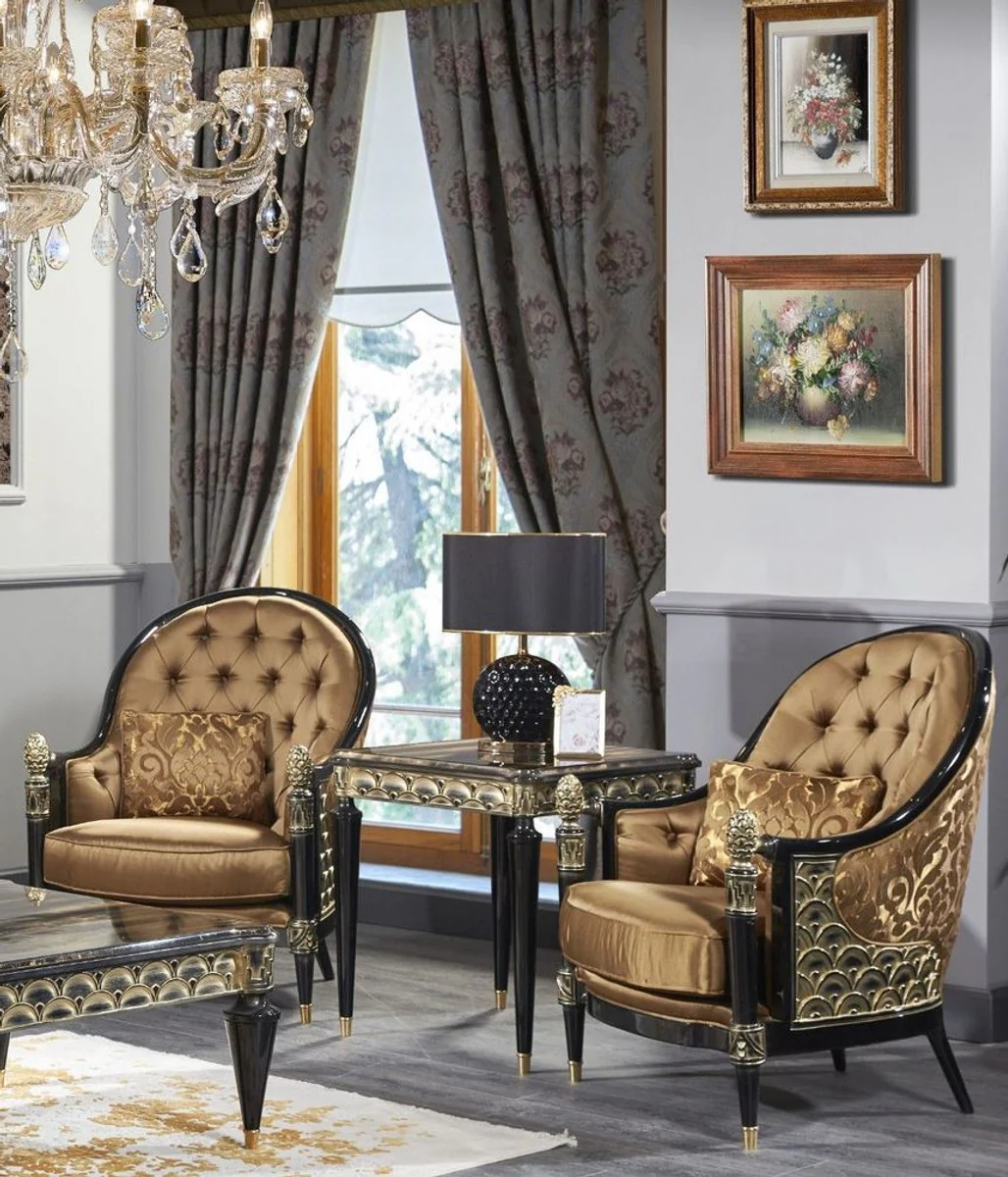 Luxus Barock Wohnzimmer Set Gold / Schwarz - 1 Sofa & 2 Sessel & 1 Couchtisch & 1 Beistelltisch - Prunkvolle Barock Möbel - Luxus Qualität