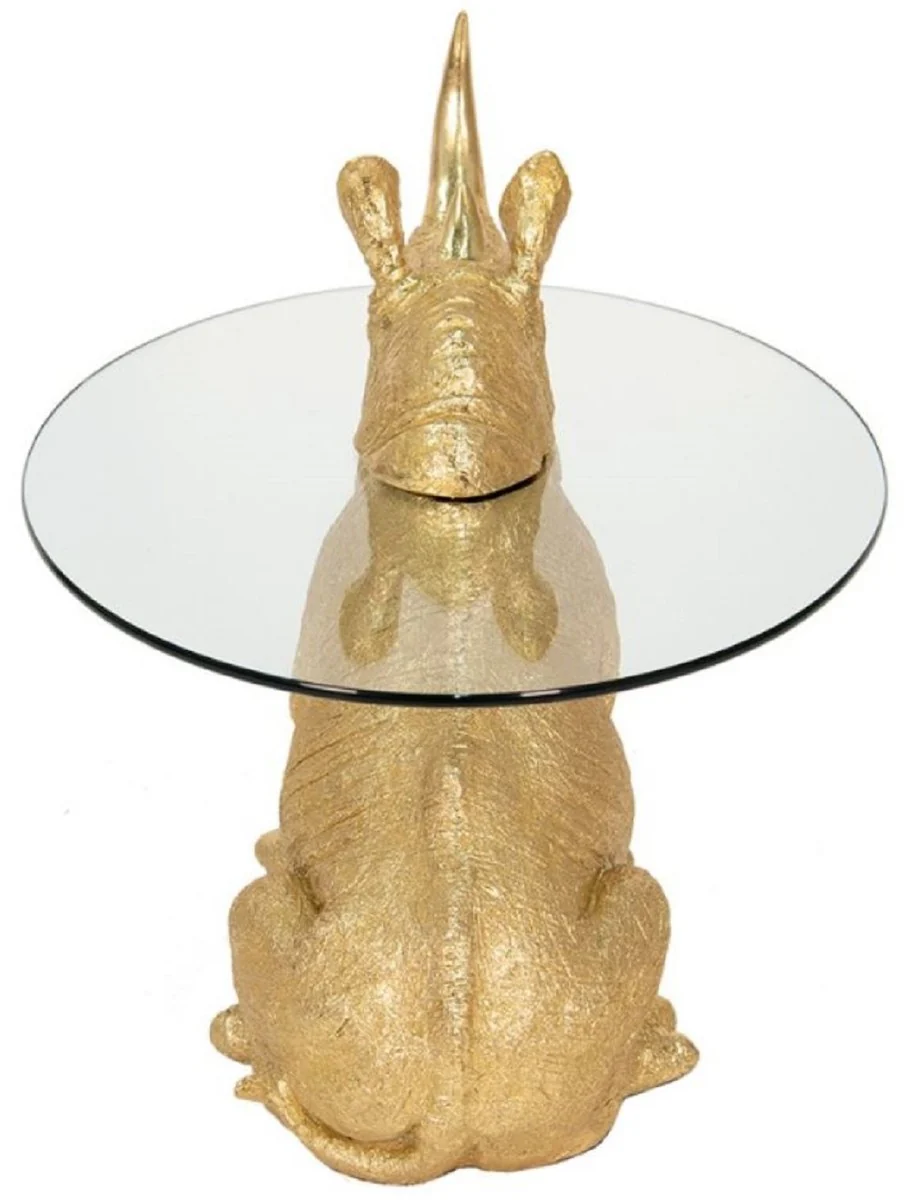 Luxus Beistelltisch Nashorn Gold Ø 65 x H. 55 cm - Runder Kunstharz Tisch mit Glasplatte - Wohnzimmer Möbel - Luxus Möbel - Luxus Einrichtung - Wohnzimmer Einrichtung