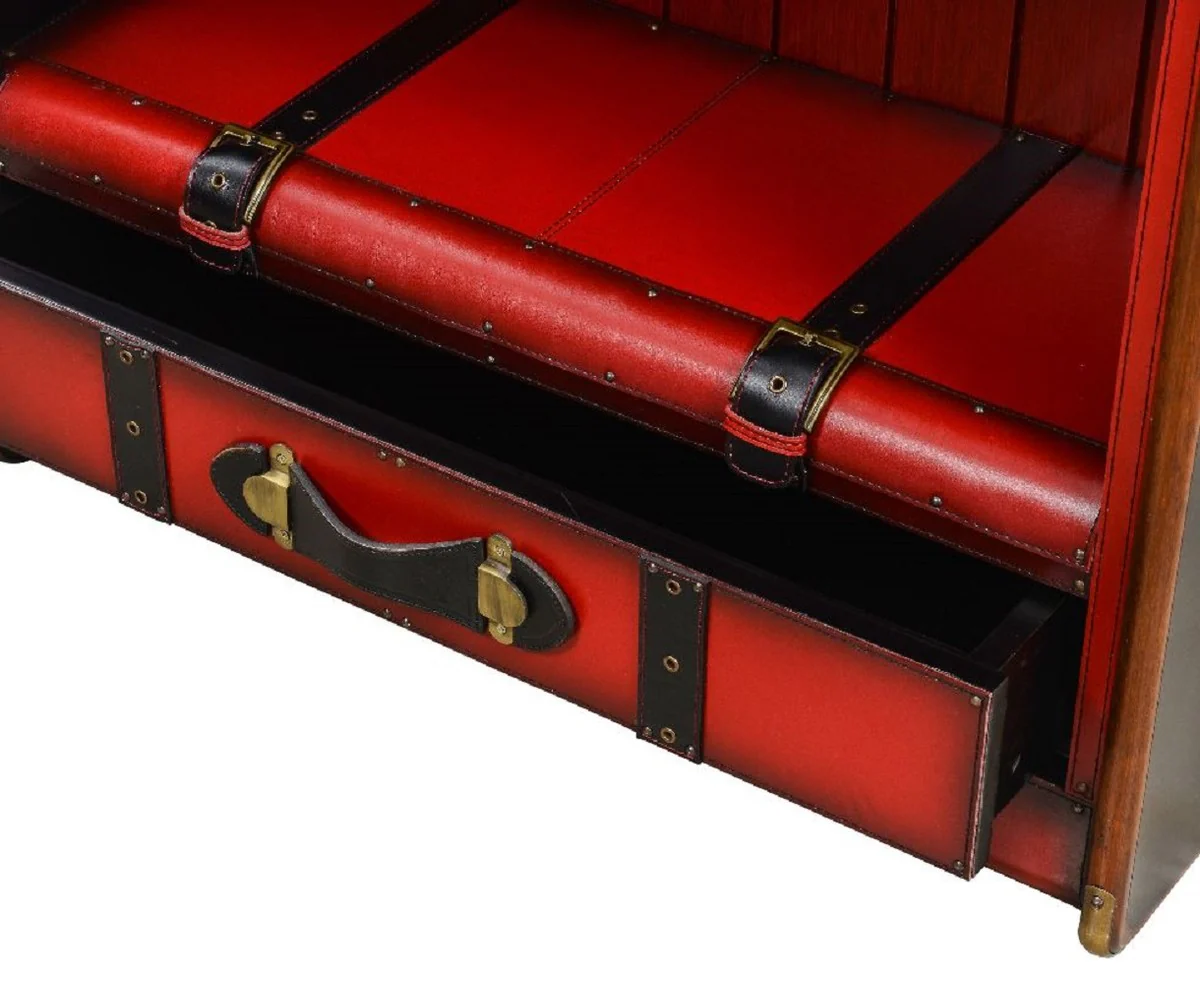 Luxus Regalschrank in Koffer Optik Rot / Schwarz / Braun / Messing 84 x 35 x H. 187,5 cm - Massivholz Schrank mit Echtleder - Büro Schrank - Büro Möbel - Luxus Möbel in Koffer Optik