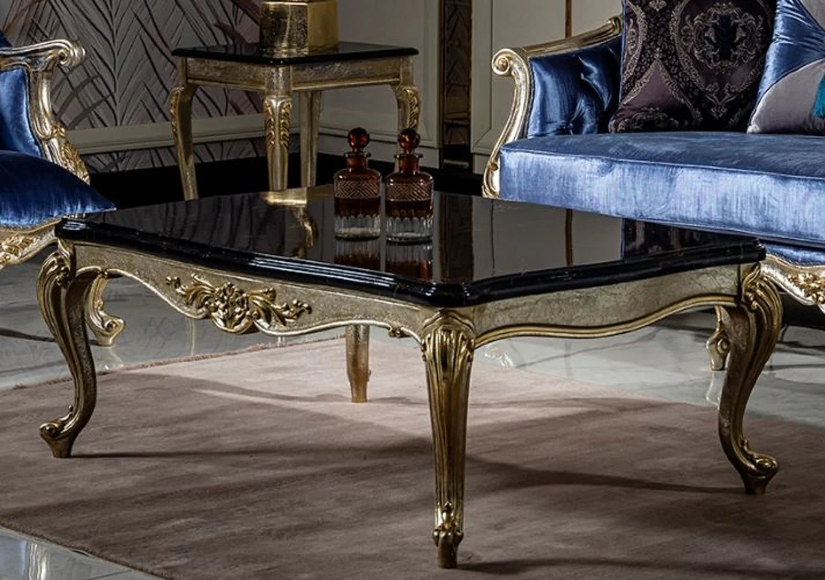 Luxus Barock Couchtisch Schwarz / Silber / Gold - Handgefertigter Massivholz Wohnzimmertisch - Wohnzimmer Möbel im Barockstil