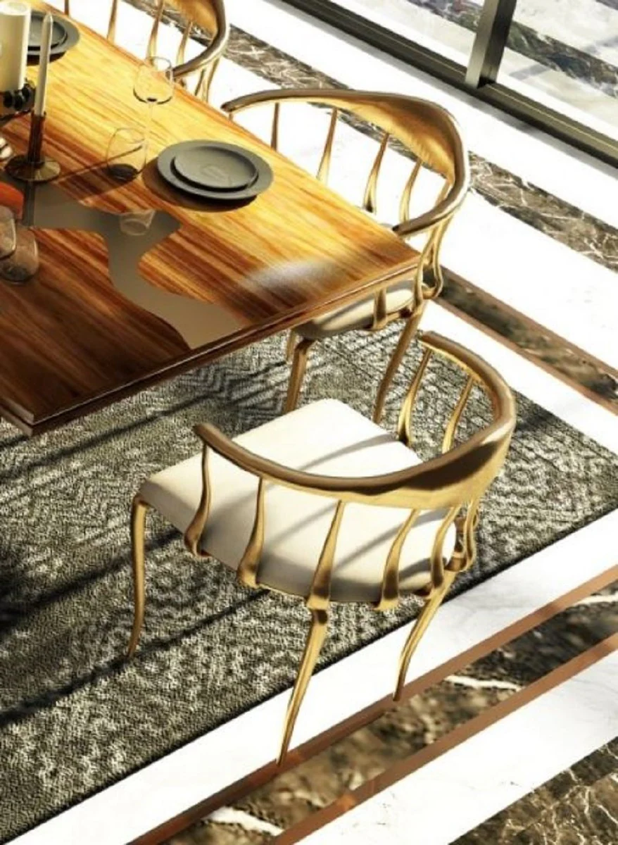 Luxus Esszimmer Stuhl mit Armlehnen Creme / Gold - Gepolsterter Edelstahl Küchen Stuhl - Esszimmer Möbel - Hotel Möbel - Restaurant Möbel - Luxus Möbel