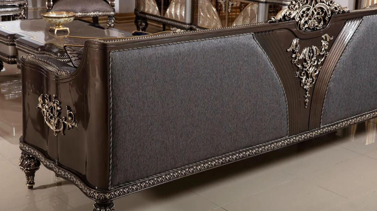 Luxus Barock Wohnzimmer Set Grau / Dunkelbraun / Gold - 2 Sofas & 2 Sessel & 1 Couchtisch & 2 Beistelltische - Handgefertigte Wohnzimmer Möbel im Barockstil - Edel & Prunkvoll