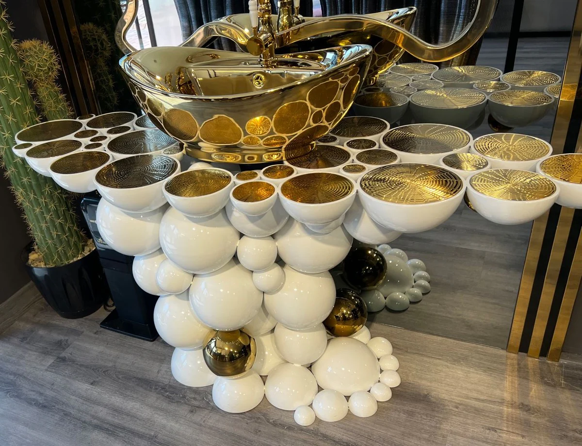 Luxus Designer Badezimmer Set Weiß / Gold 150 x 58 x H. 70 cm - 1 Waschtisch mit Waschbecken und Armatur - Badezimmer Möbel - Luxus Möbel - Designer Möbel