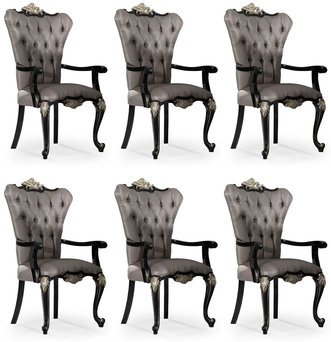 Luxus Barock Esszimmer Stuhl 6er Set mit Armlehnen Silber / Schwarz / Silber - Prunkvolle Barockstil Küchen Stühle - Luxus Barock Esszimmer Möbel - Edel & Prunkvoll