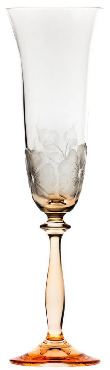 Luxus Barock Champagnerglas 6er Set Orange Ø 7 x H. 24,5 cm - Handgefertigte und handgravierte Champagnergläser mit Blumen Design - Hotel & Restaurant Accessoires