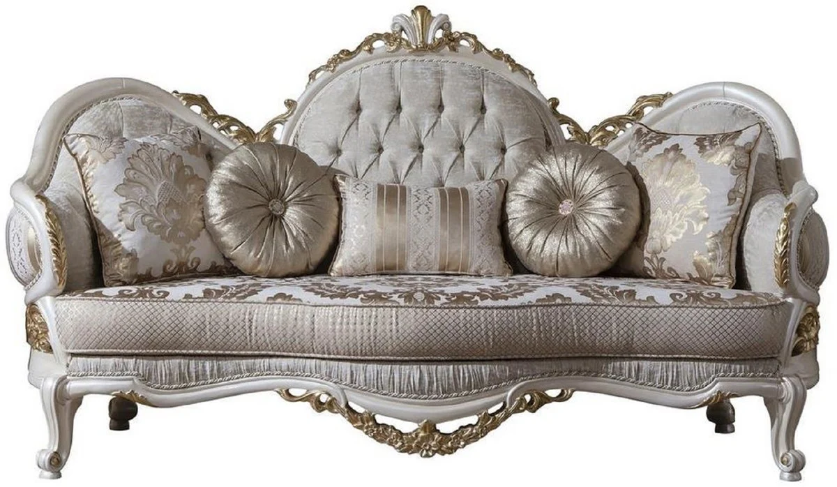 Luxus Barock Sofa Grau / Weiß / Gold 220 x 80 x H. 124 cm - Prunkvolles Wohnzimmer Sofa mit dekorativen Kissen - Barock Möbel
