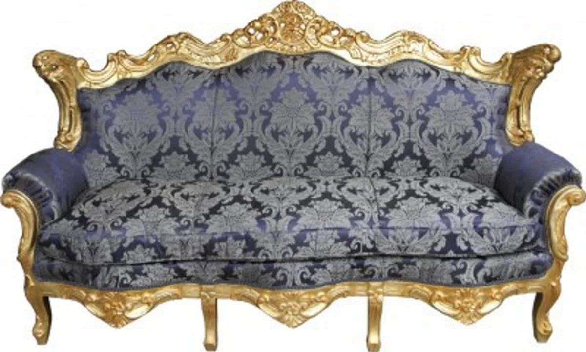Barock Wohnzimmer Set Royal Blau Muster/ Gold - 3er Sofa+2er Sofa + 1 Sessel