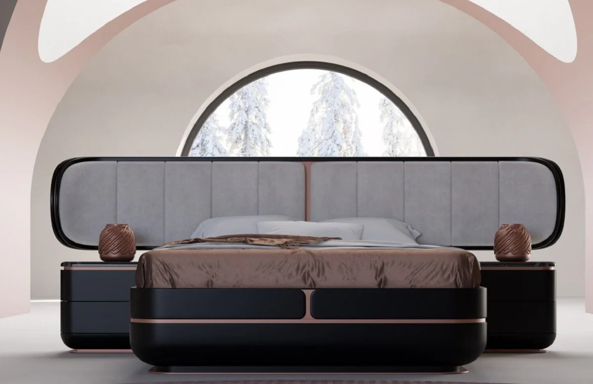 Luxus Schlafzimmer Set Grau / Schwarz / Kupfer - 1 Doppelbett mit Kopfteil & 2 Nachtkommoden - Luxus Schlafzimmer Möbel - Luxus Schlafzimmer Einrichtung