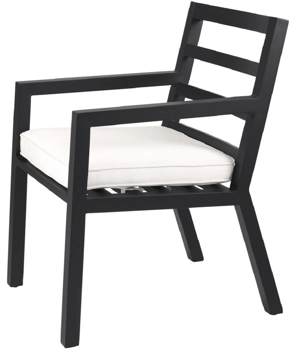 Luxus Esszimmerstuhl mit Armlehnen Schwarz / Weiß 56 x 66,5 x H. 87 cm - Wetterbeständiger Aluminium Stuhl mit Sitzkissen - Garten Terrassen Stuhl - Luxus Qualität