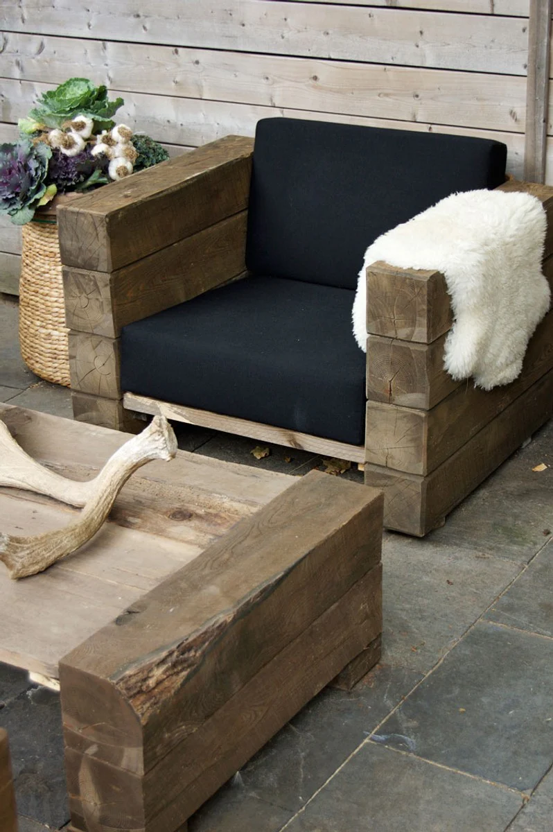 Luxus Garten Möbel Set Eiche Massiv mit Polsterung - Eckcouch + Sessel + Tisch - Lounge Set