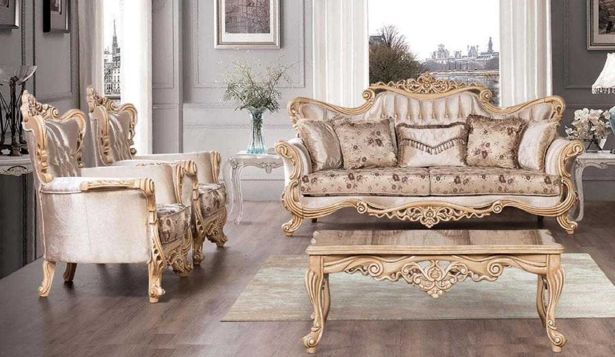 Luxus Barock Wohnzimmer Set Beige / Braun / Naturfarben - 2 Barock Sofas mit Blumenmuster & 2 Barock Sessel mit Blumenmuster & 1 Barock Couchtisch - Barock Wohnzimmer Möbel