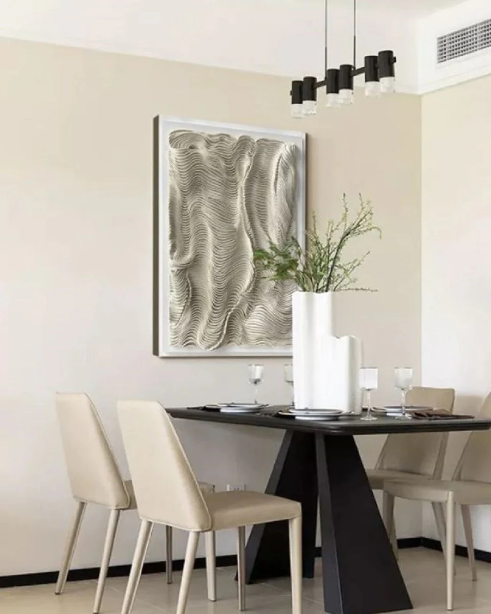 Luxus Designer Ölgemälde Beige / Weiß 80 x H. 110 cm - Handgemaltes Gemälde mit Metallrahmen - Luxus Wand Deko - Designer Wand Deko - Deko Accessoires - Luxus Qualität