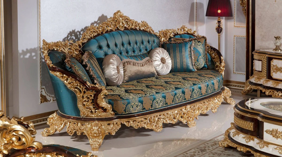 Luxus Barock Sofa Blau / Beige / Braun / Gold - Prunkvolles Wohnzimmer Sofa mit elegantem Muster - Barock Wohnzimmer Möbel - Edel & Prunkvoll