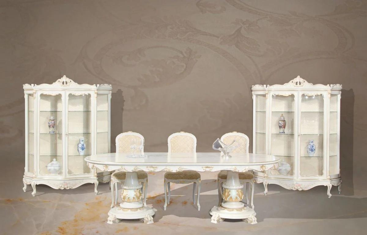 Luxus Barock Esstisch Weiß / Cremefarben / Mehrfarbig / Gold - Ovaler Massivholz Esszimmertisch im Barockstil - Barock Esszimmer Möbel - Luxus Qualität - Made in Italy