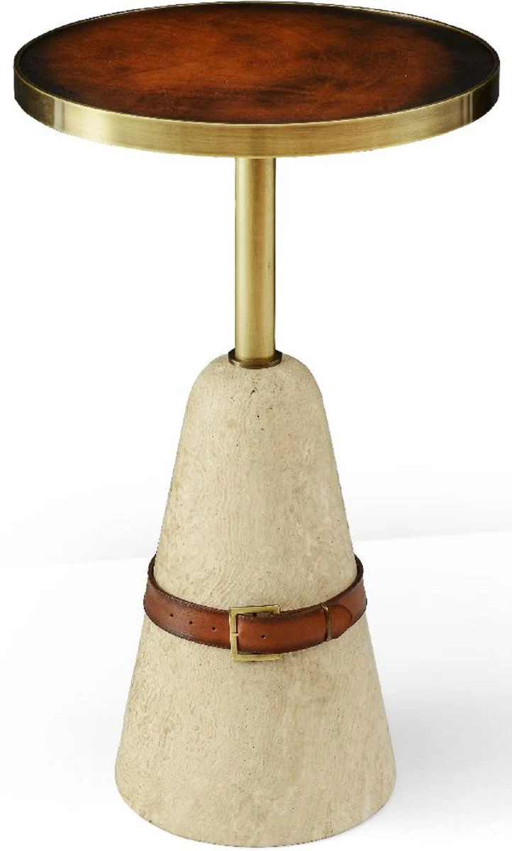 Luxus Beistelltisch Braun / Messing / Beige Ø 40 x H. 74,5 cm - Runder Tisch mit Marmorfuß - Wohnzimmer Möbel - Luxus Möbel