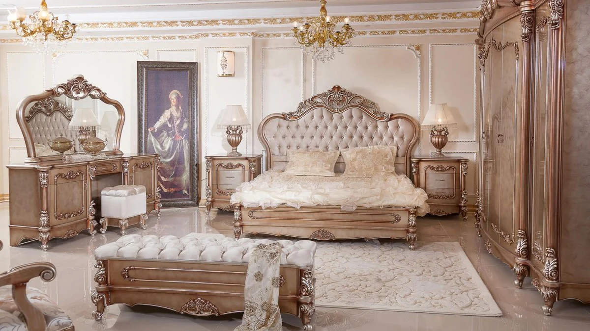 Luxus Barock Schlafzimmerschrank Kupferfarben / Silber - Prunkvoller Massivholz Kleiderschrank mit 6 Türen - Barock Schlafzimmer & Hotel Möbel - Edel & Prunkvoll