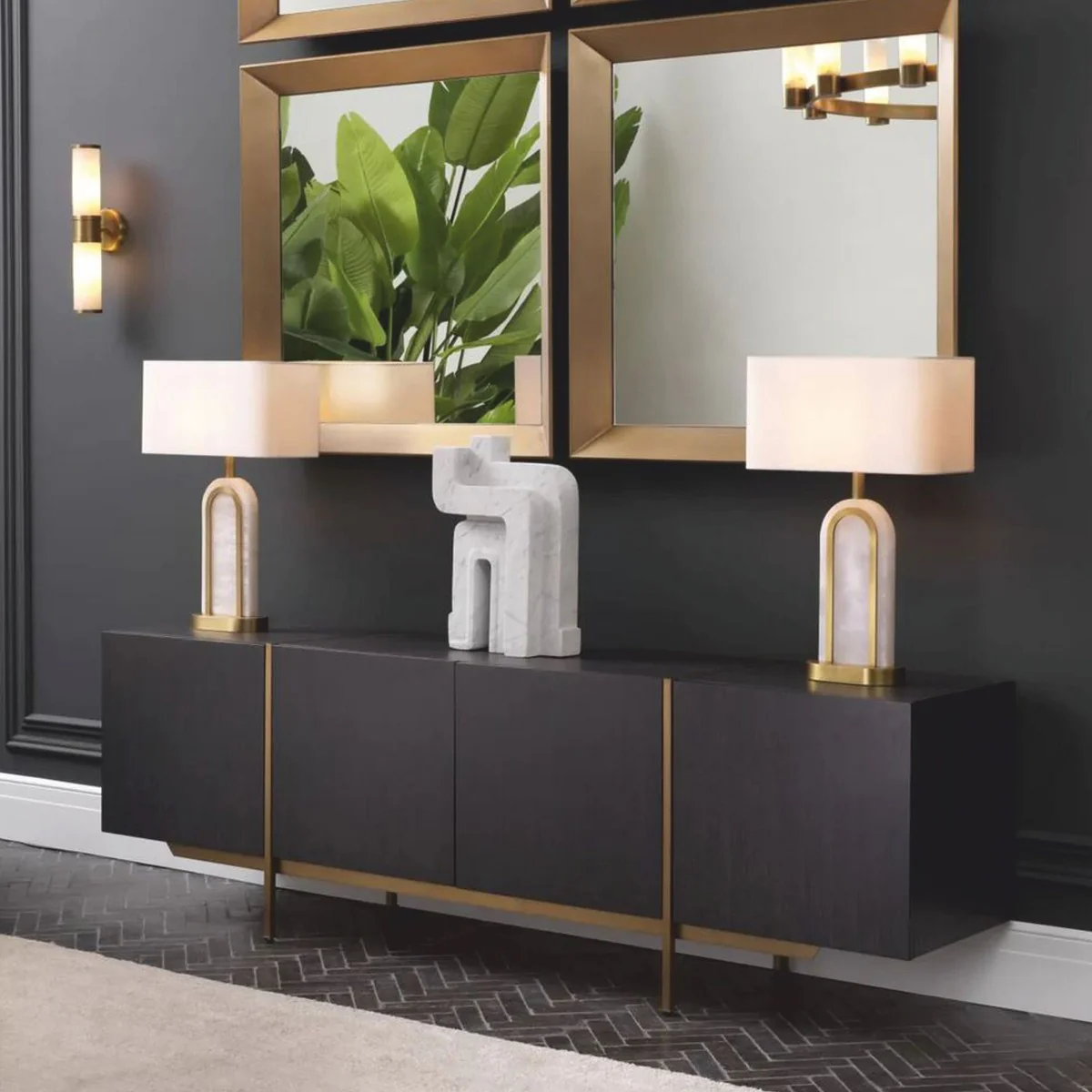 Luxus Tischleuchte Antik Messing / Alabaster / Weiß H. 67 cm - Luxus Leuchten