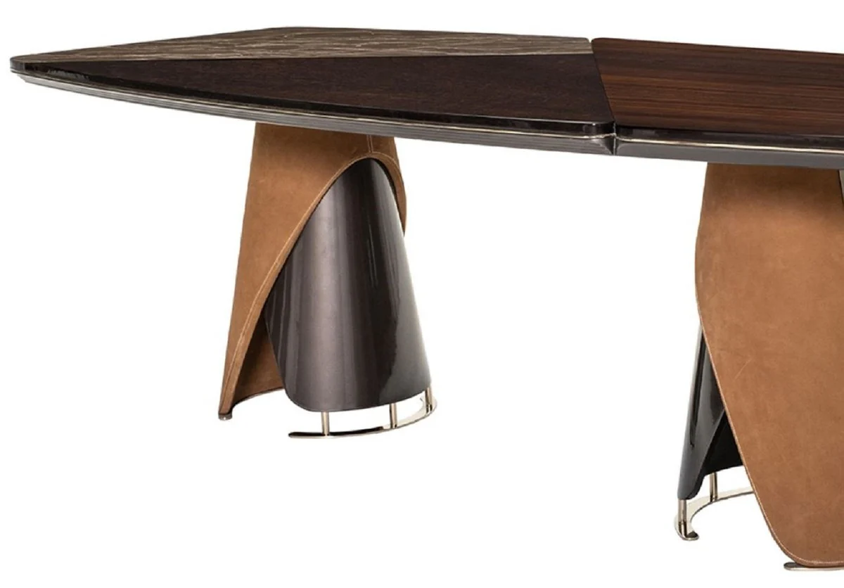 Luxus Esstisch Dunkelbraun / Grau / Hellbraun / Gold 240 x 113 x H. 79,5 cm - Massivholz Esszimmertisch mit Tischplatte in Marmoroptik - Esszimmer Möbel - Luxus Möbel