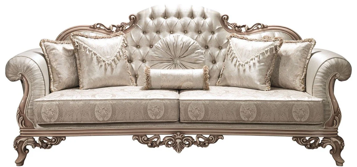 Luxus Barock Sofa mit Glitzersteinen und dekorativen Kissen Silber / Creme / Beige 230 x 90 x H. 110 cm - Prunkvolles Wohnzimmer Sofa