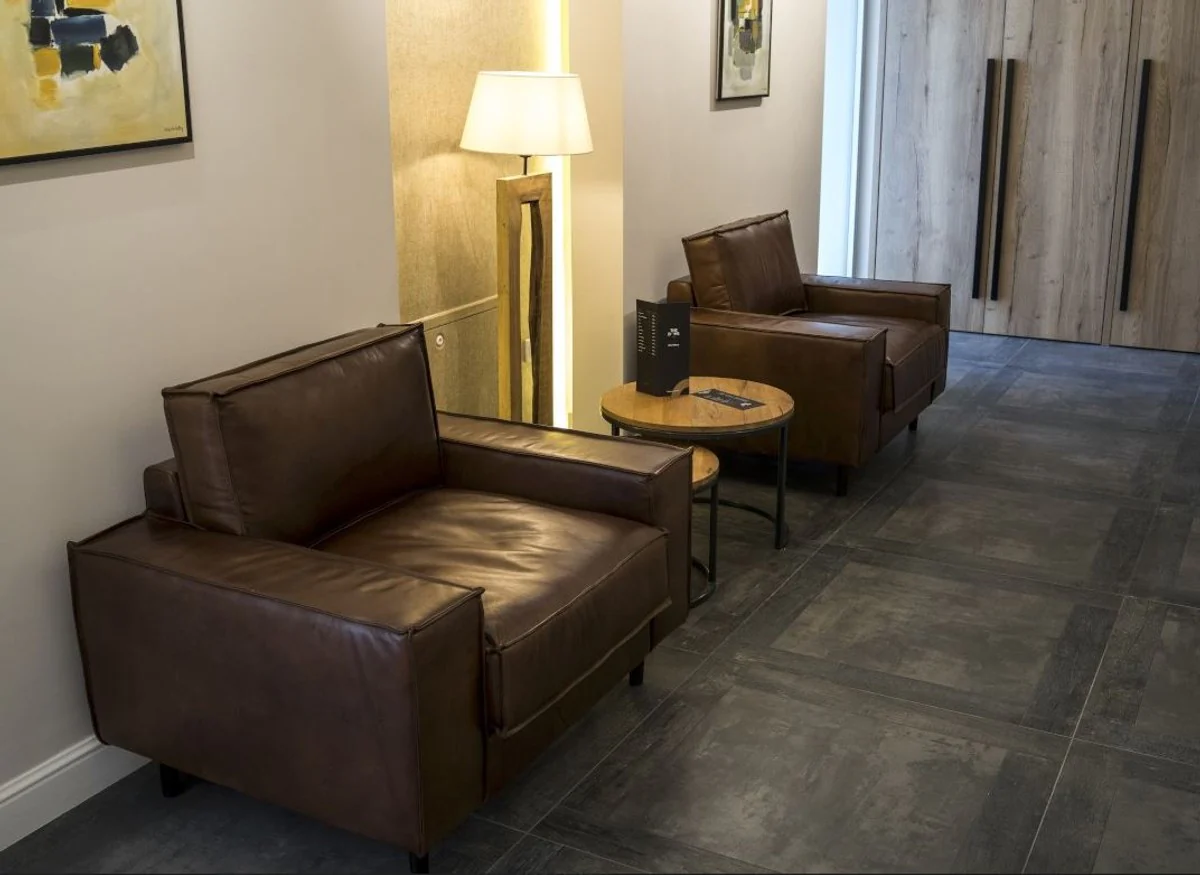 Luxus Echtleder Lounge Sessel Vintage Leder Braun - Luxus Wohnzimmer Sessel Möbel Büffelleder