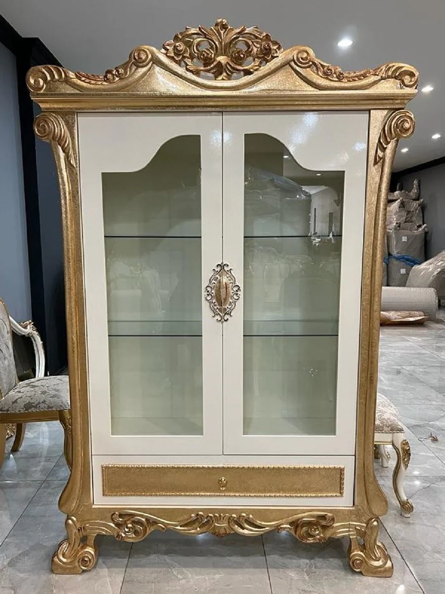 Luxus Barock Vitrine Weiß / Gold - Prunkvoller Massivholz Vitrinenschrank mit 2 Glastüren und Schublade - Luxus Möbel im Barockstil - Barock Möbel - Edel & Prunkvoll