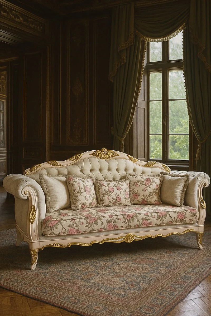 Luxus Barock Wohnzimmer Sofa Creme-Weiß / Gold 240 cm - Barock Möbel
