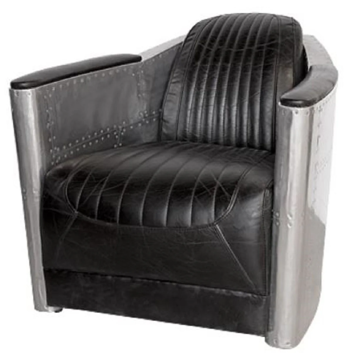 Art Deco Aluminium Echtleder Sessel Schwarz / Silber 74,5 x 94 x H. 78 cm - Club Sessel - Lounge Sessel - Flugzeug Flieger Möbel