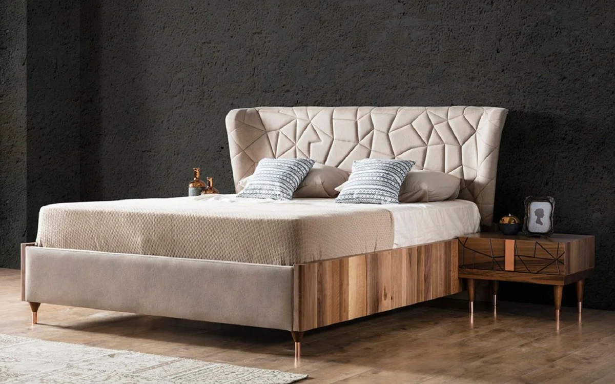 Luxus Schlafzimmer Set Grau / Braun / Kupfer - 1 Doppelbett mit Kopfteil & 2 Nachtkommoden - Luxus Schlafzimmer Möbel - Luxus Schlafzimmer Einrichtung