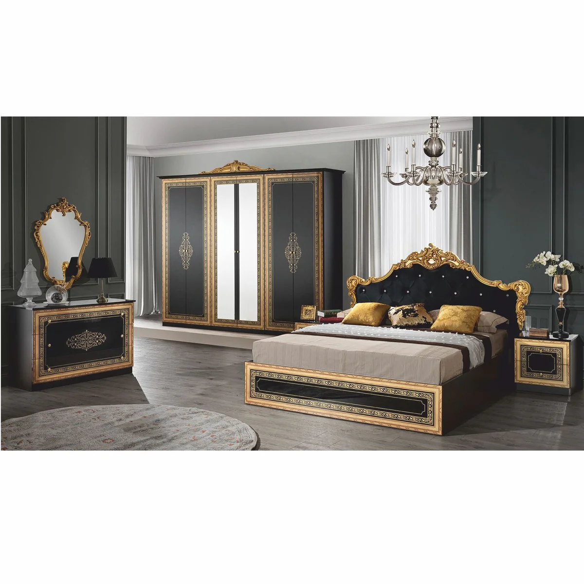 Luxus Barock Schlafzimmer Schrank Schwarz / Gold 261,4 cm - Barock Schlafzimmer Möbel