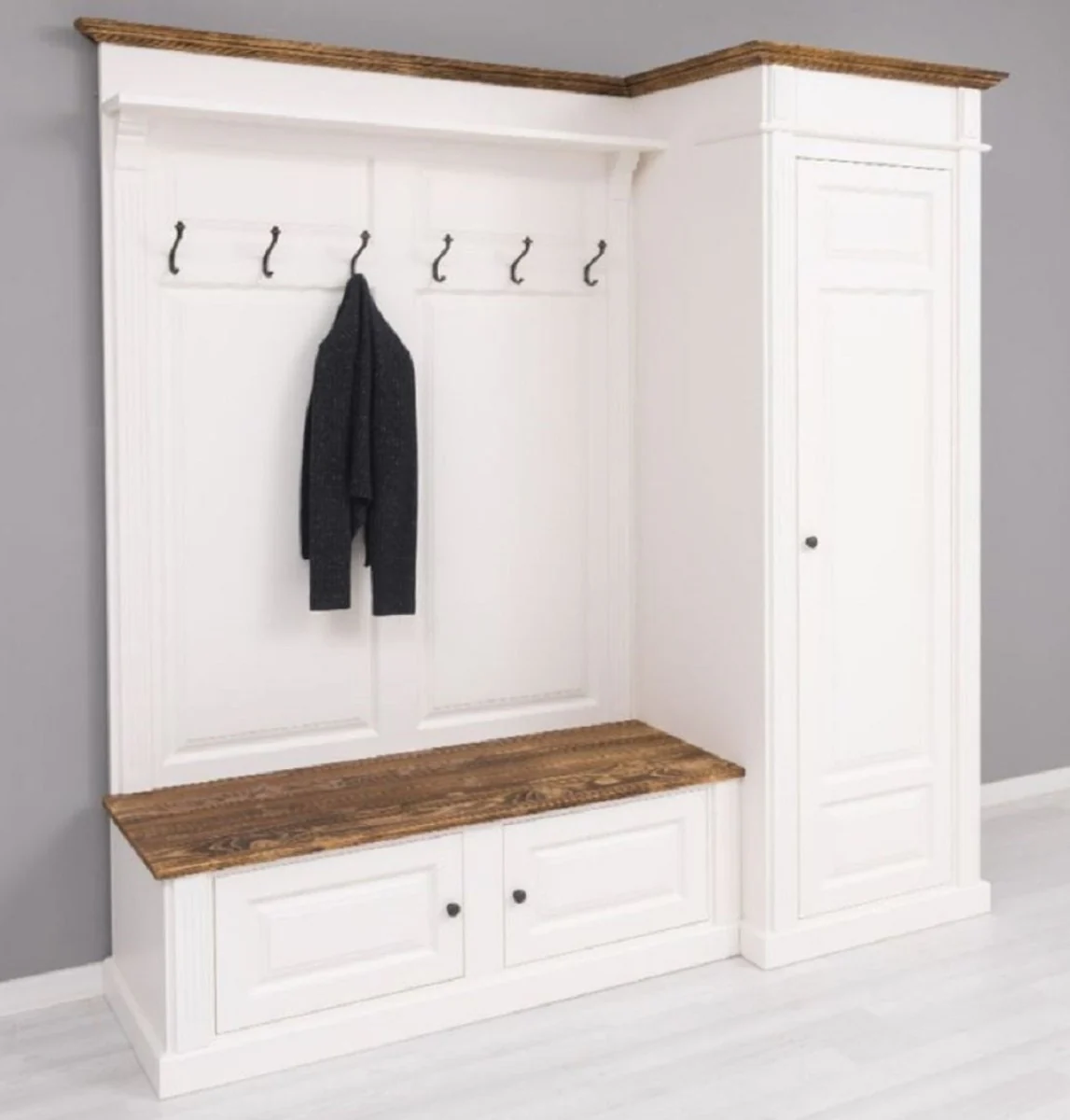 Landhausstil Garderobenschrank Weiß / Braun 205 x 65 x H. 210 cm - Massivholz Garderobe - Flur Schrank - Garderoben Möbel - Massivholz Möbel - Landhausstil Möbel