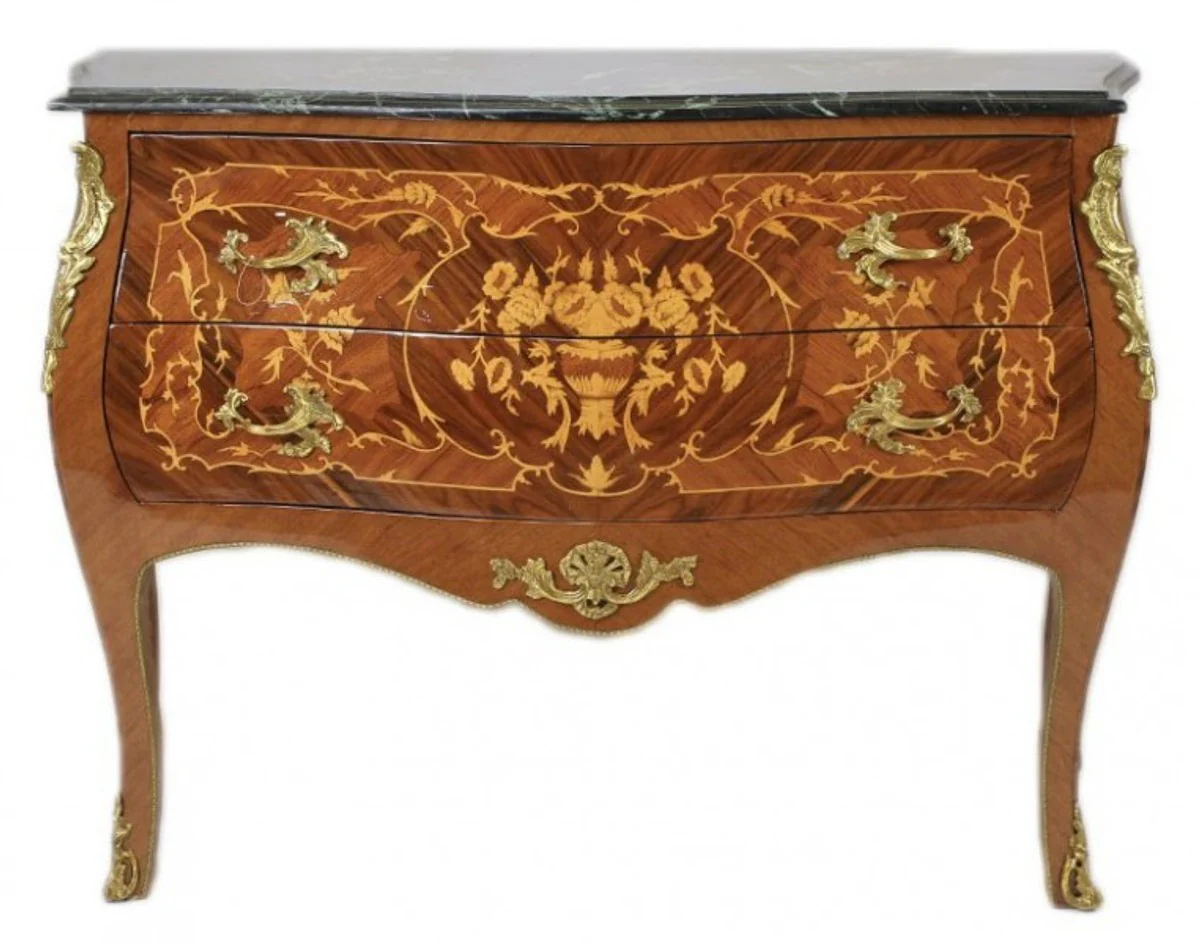 Barock Kommode Braun mit grüner Marmorplatte 2 Schubladen - Empire Kommode