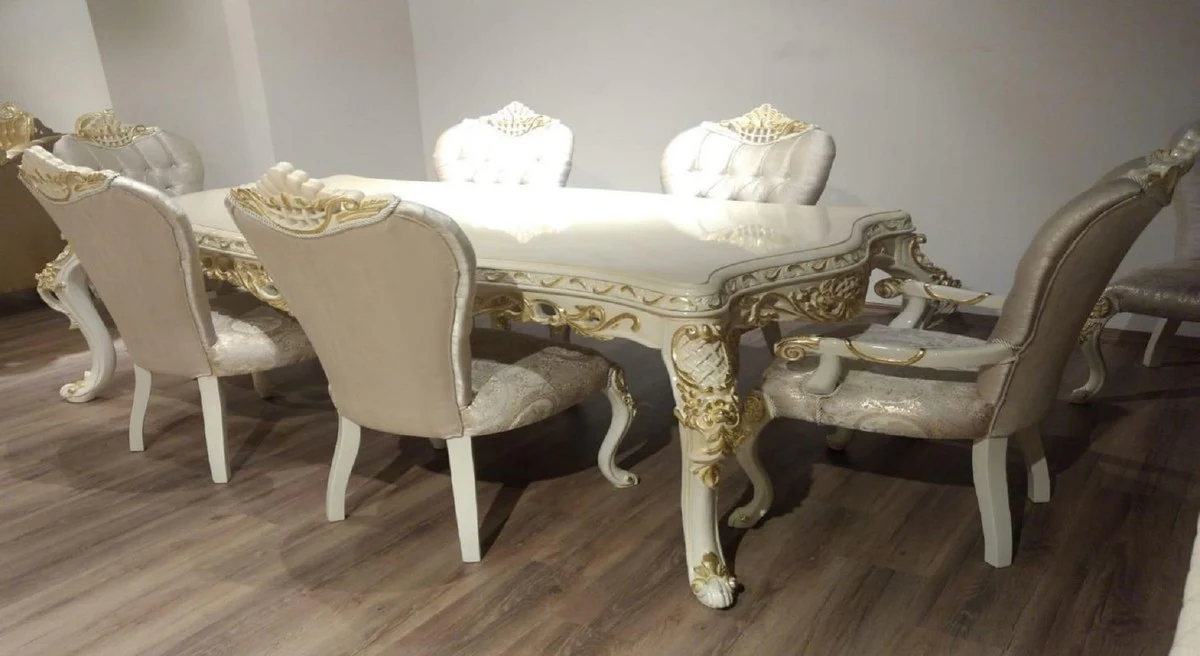Luxus Barock Esszimmer Set Grau / Weiß / Gold - 1 Barock Esstisch & 6 Barock Esszimmerstühle mit elegantem Muster - Esszimmer Möbel im Barockstil - Edel & Prunkvoll