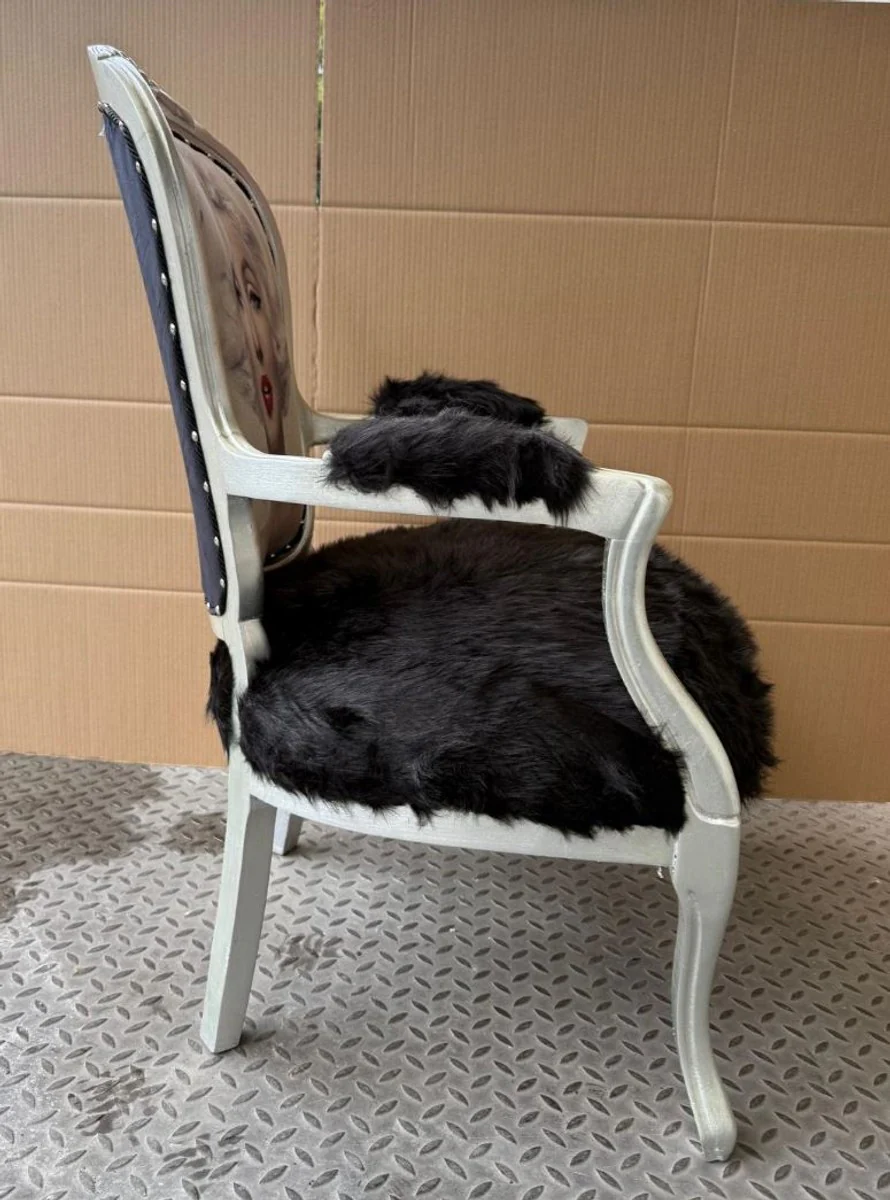 Luxus Barock Salon Stuhl mit Armlehnen Schwarz / Silber - Barock Möbel