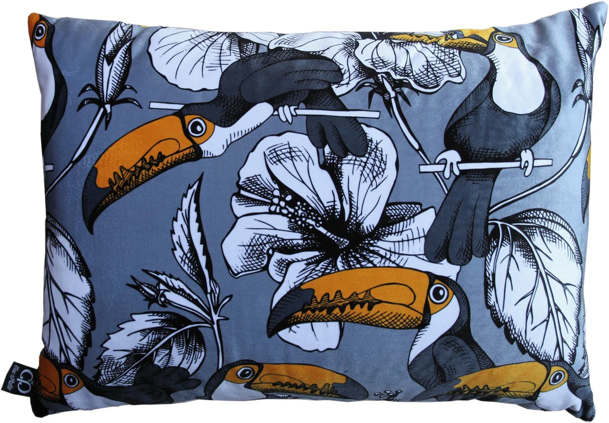 Luxus Kissen Toronto Parrots Grau / Mehrfarbig 35 x 55 cm - Feinster Samtstoff - Luxus Qualität