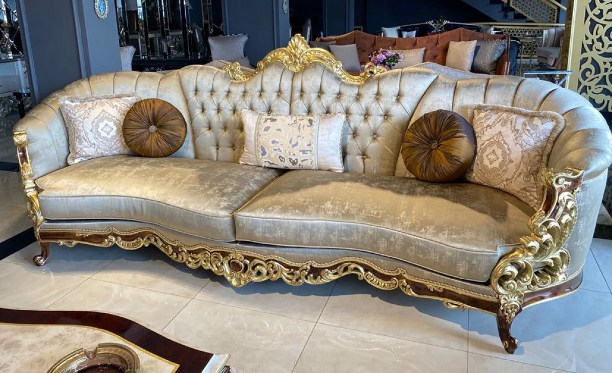 Luxus Barock Sofa Silber / Braun / Gold - Prunkvolles Barockstil Wohnzimmer Sofa - Barock Wohnzimmer Möbel