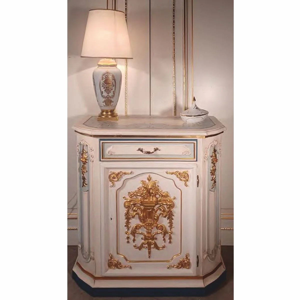 Luxus Barock Nachtkommode Weiß / Hellblau / Gold H. 89 cm - Made in Italy