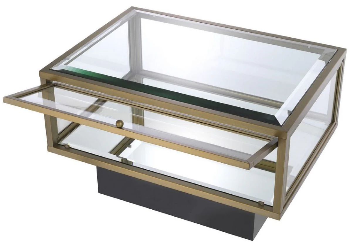 Luxus Beistelltisch Messingfarben / Schwarz 70 x 50 x H. 46 cm - Rechteckiger Edelstahl Tisch mit Glasplatten und Spiegelglas Boden - Luxus Wohnzimmer & Hotel Möbel