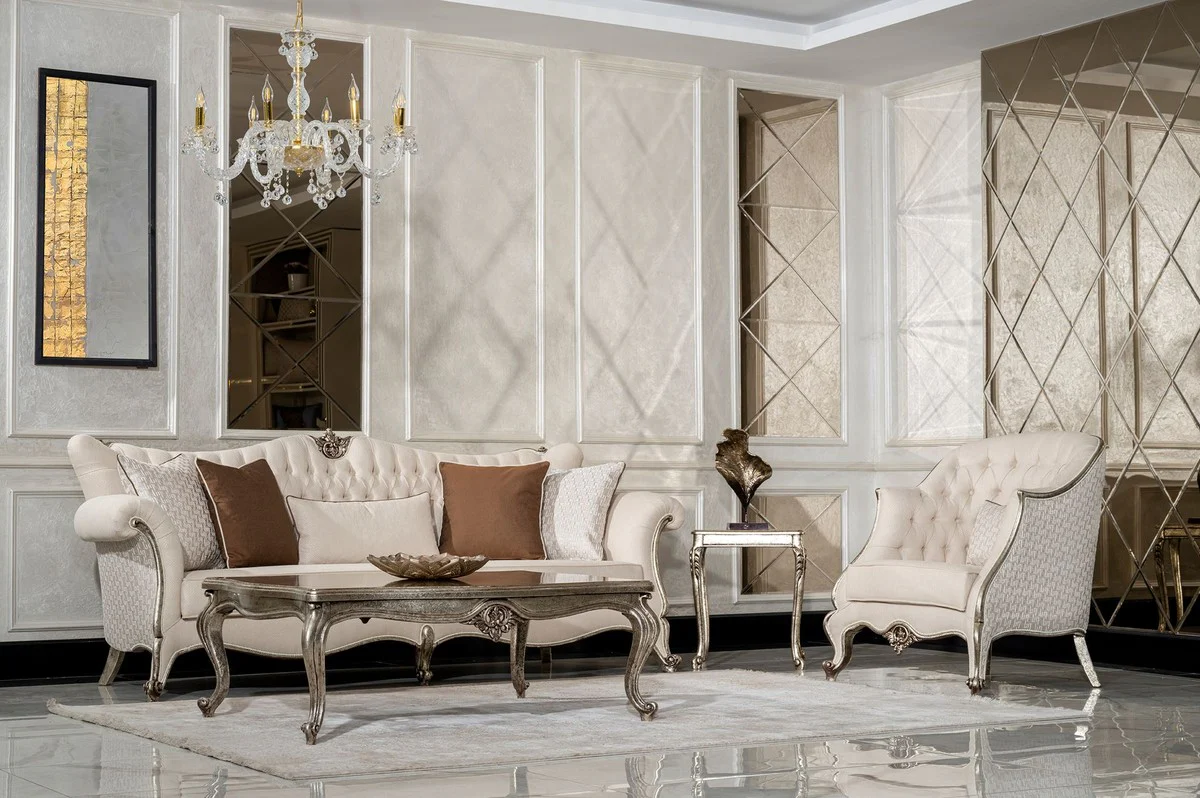 Luxus Barock Wohnzimmer Sofa Creme / Silber / Antik Silber - Handgefertigtes Barockstil Sofa mit dekorativen Kissen - Luxus Wohnzimmer Möbel im Barockstil - Barock Möbel