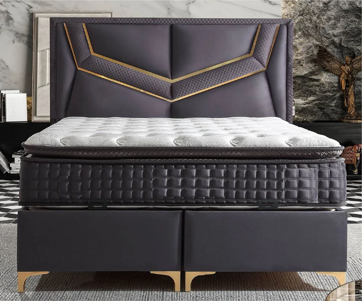 Luxus Doppelbett Lila / Gold - Verschiedene Größen - Massivholz Bett mit Kopfteil und Matratze - Schlafzimmer Möbel - Hotel Möbel - Luxus Möbel