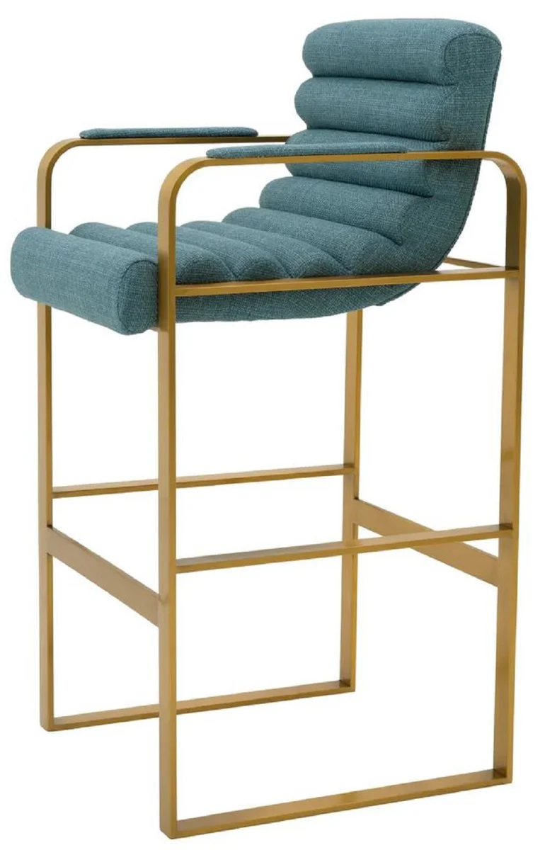 Luxus Barstuhl mit Armlehnen Blau / Messing 53,5 x 57,5 x H. 107 cm - Gepolsterter Edelstahl Barhocker - Bar Möbel - Luxus Möbel - Luxus Qualität