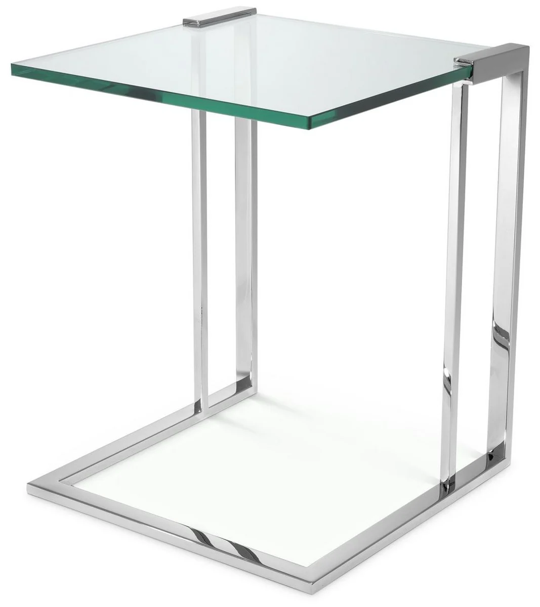 Luxus Beistelltisch Silber 45 x 45,5 x H. 56,5 cm - Edelstahl Tisch mit Glasplatte - Luxus Wohnzimmer Möbel