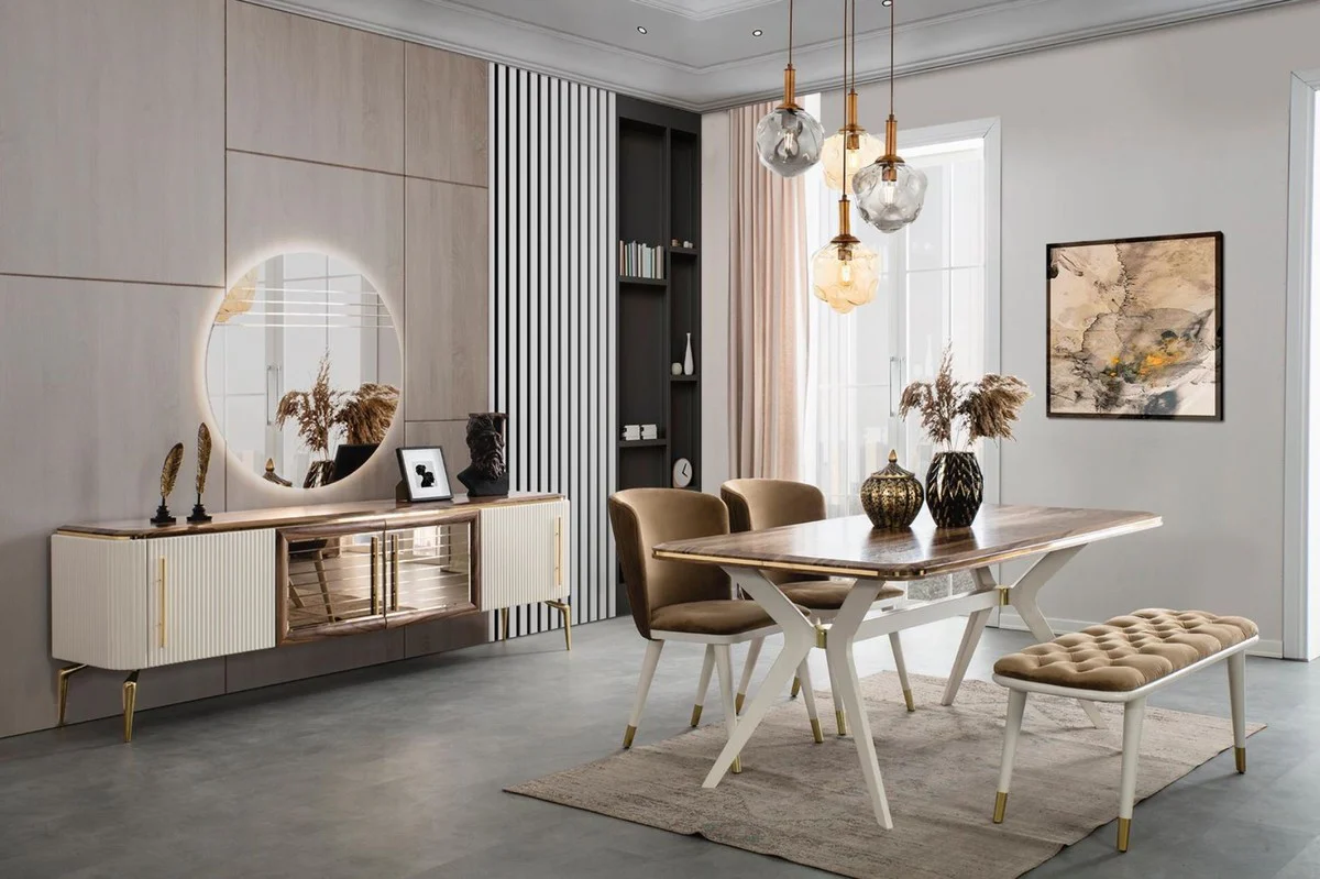 Luxus Art Deco Esszimmer Set Braun / Weiß / Gold - 1 Esszimmertisch & 4 Esszimmerstühle & 1 Sitzbank - Art Deco Esszimmer Möbel