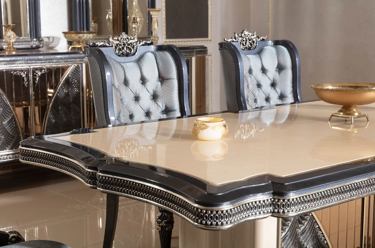 Luxus Barock Esszimmer Set Beige / Hellblau / Schwarz / Gold - 1 Barock Esstisch & 6 Barock Esszimmerstühle - Luxus Esszimmer Möbel im Barockstil - Barock Möbel - Edel & Prunkvoll