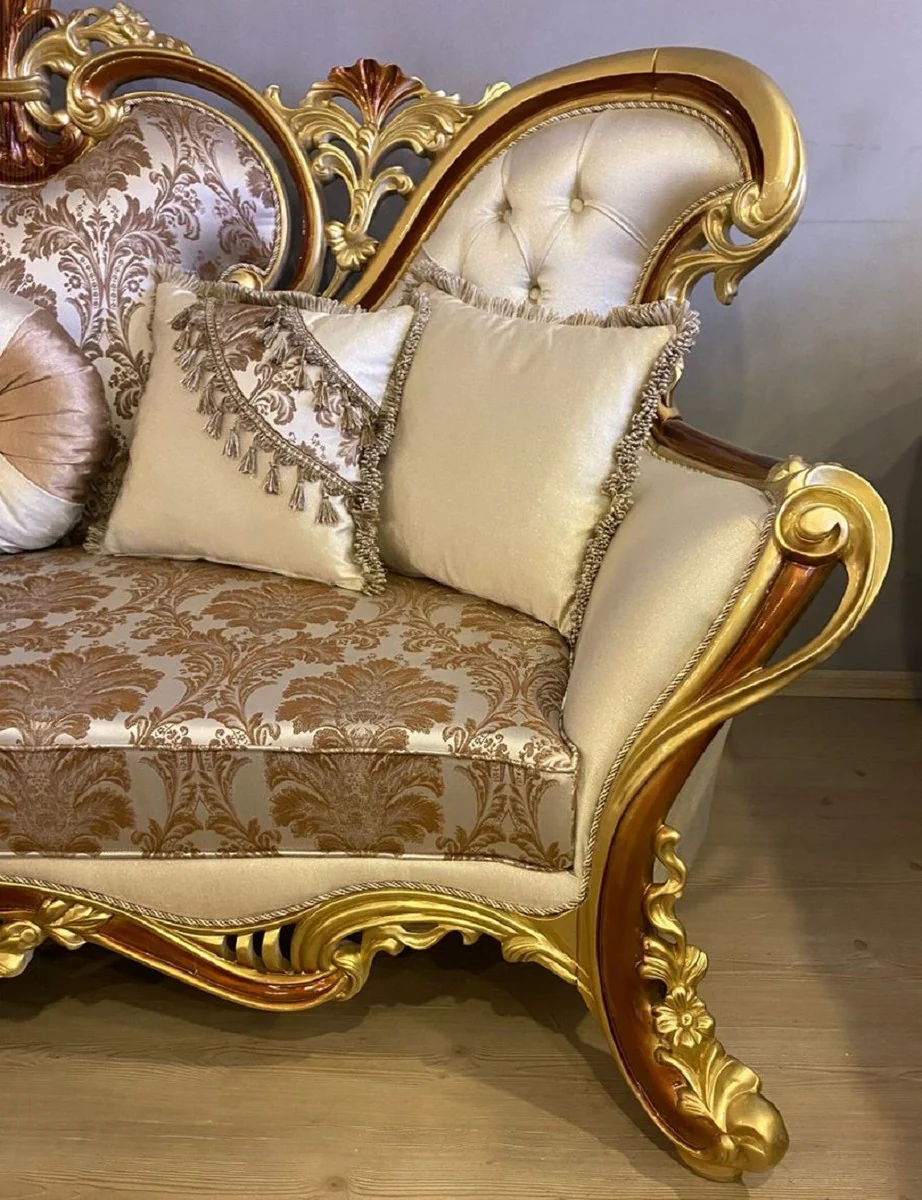 Luxus Barock Sofa Creme / Silber / Braun / Gold / Braun - Prunkvolles Wohnzimmer Sofa - Barockstil Wohnzimmer Möbel - Luxus Möbel im Barockstil - Prunkvolle Barock Möbel