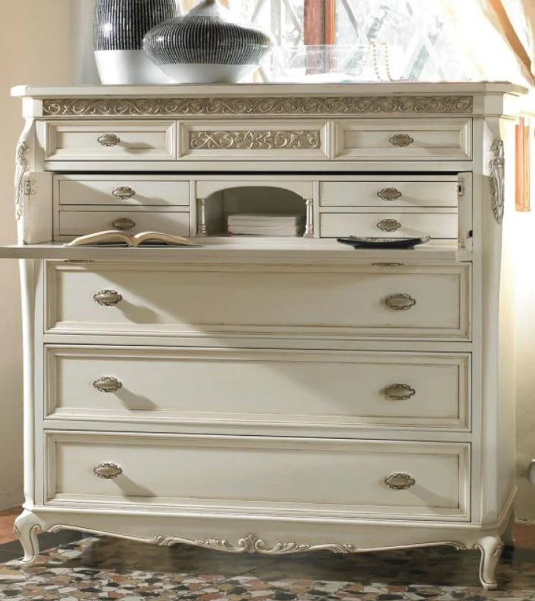 Luxus Barock Schreibkommode mit 9 Schubladen Antik Weiß / Silber 130 x 57 x H. 127 cm - Luxus Qualität - Edle Barock Möbel