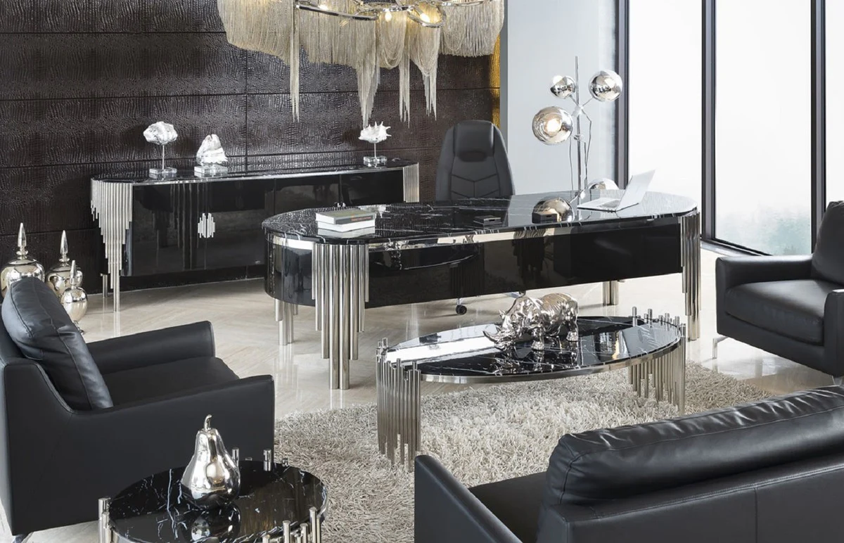 Luxus Couchtisch mit Kunstmarmor Tischplatte Schwarz / Silber 140 cm - Luxus Möbel