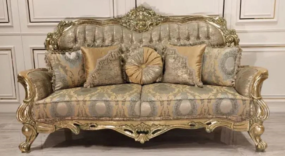 Luxus Barock Sofa Gold / Grün / Gold - Prunkvolles Wohnzimmer Sofa mit elegantem Muster - Barock Wohnzimmer Möbel