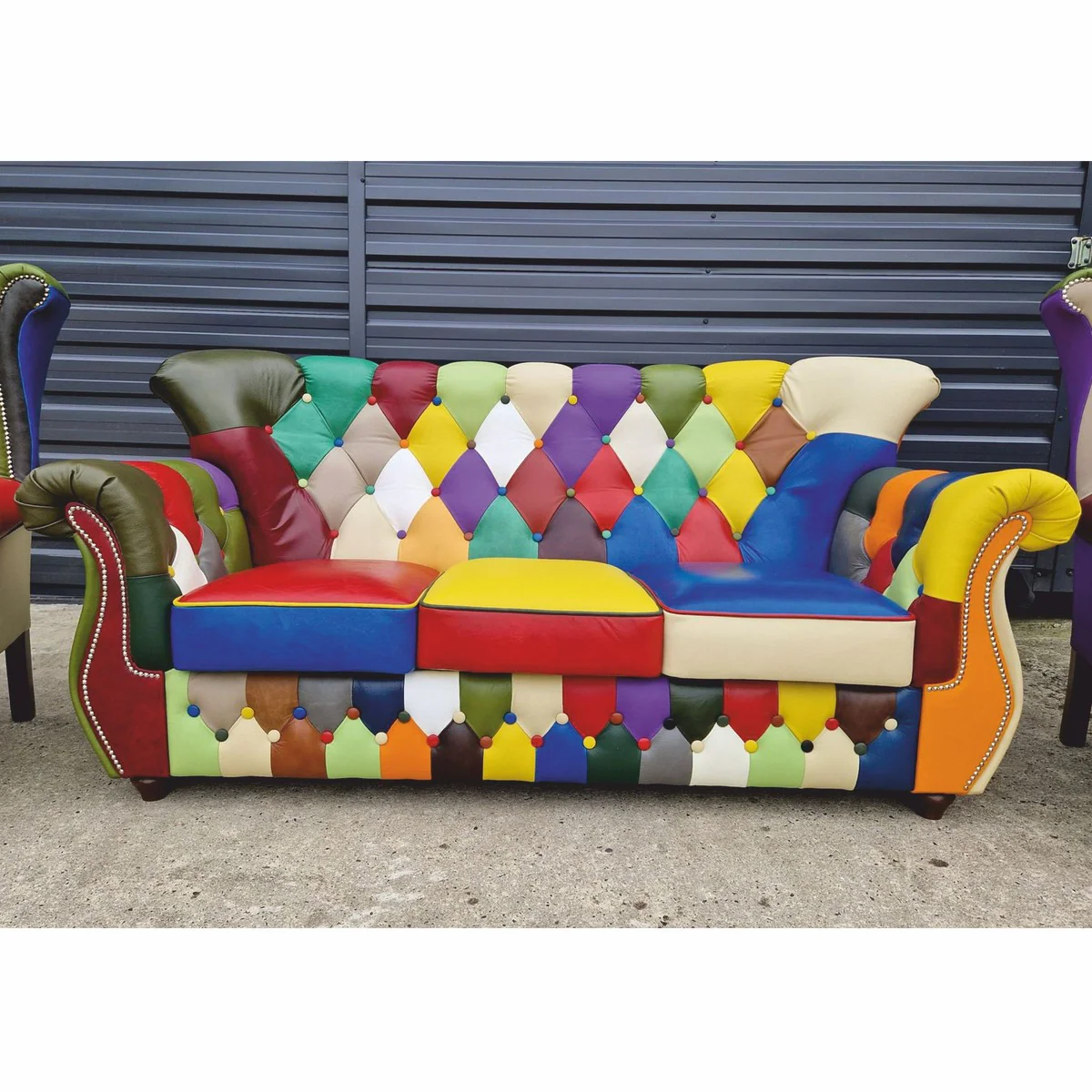 Luxus Chesterfield Leder Wohnzimmer Set Bunt / Dunkelbraun - Patchwork Echtleder Möbel