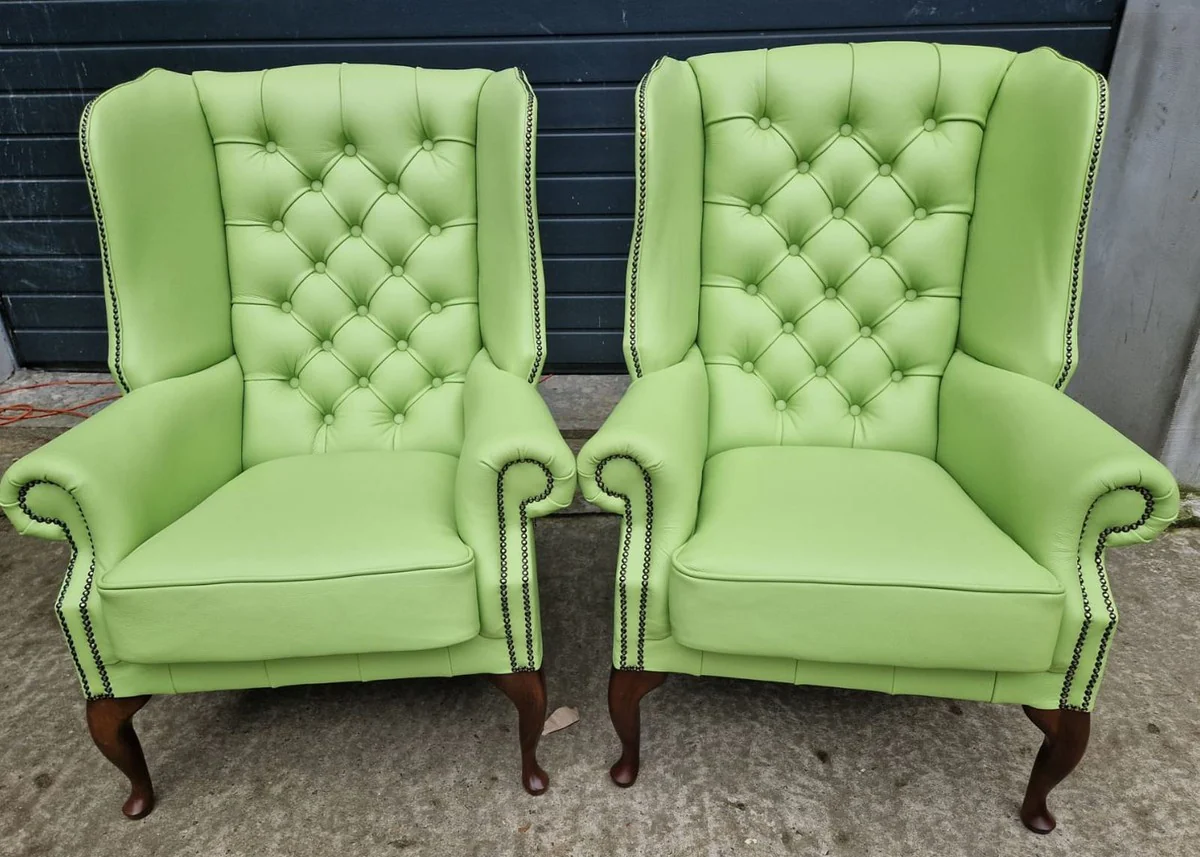 Luxus Chesterfield Echtleder Ohrensessel Hellgrün / Dunkelbraun H. 110 cm